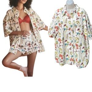 ANTHROPOLOGIE Women Sz L Cream Floral Flowers Oversized Cotton Button Pajama Top